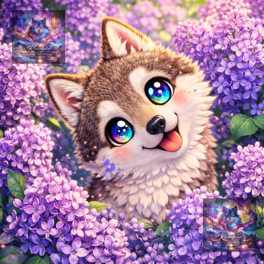 Bébé Husky caché dans les lilas