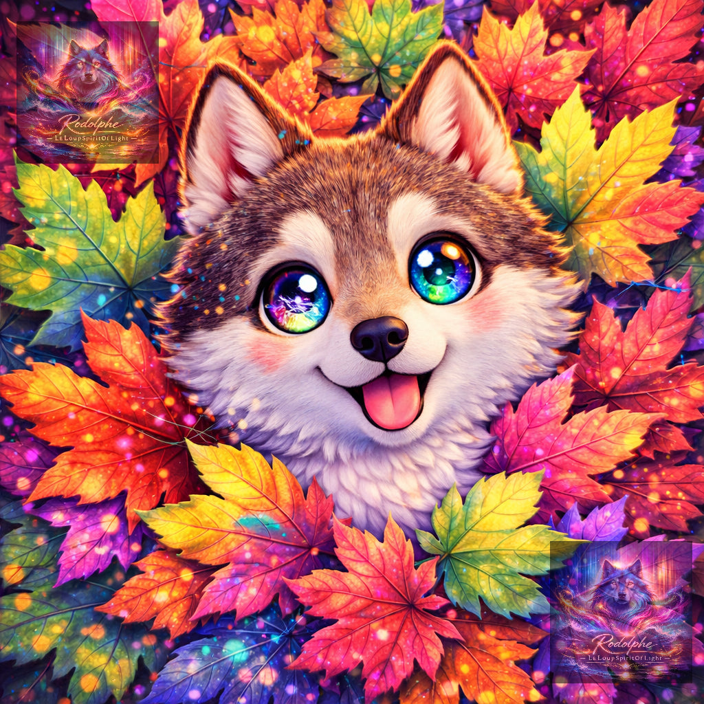 Bébé Husky Kawaii caché dans les feuilles d'érables