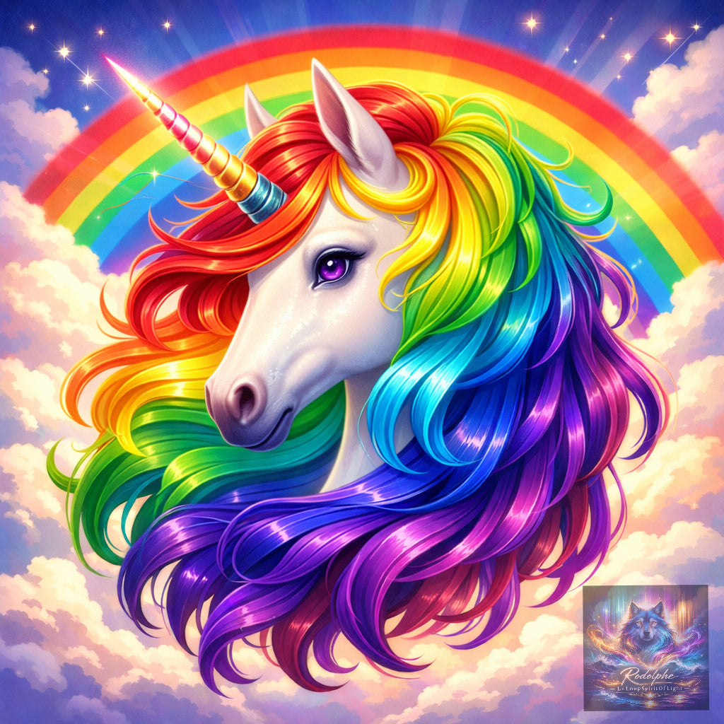 Licorne magique sous un arc en ciel