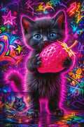 Le chat néon avec sa fraise