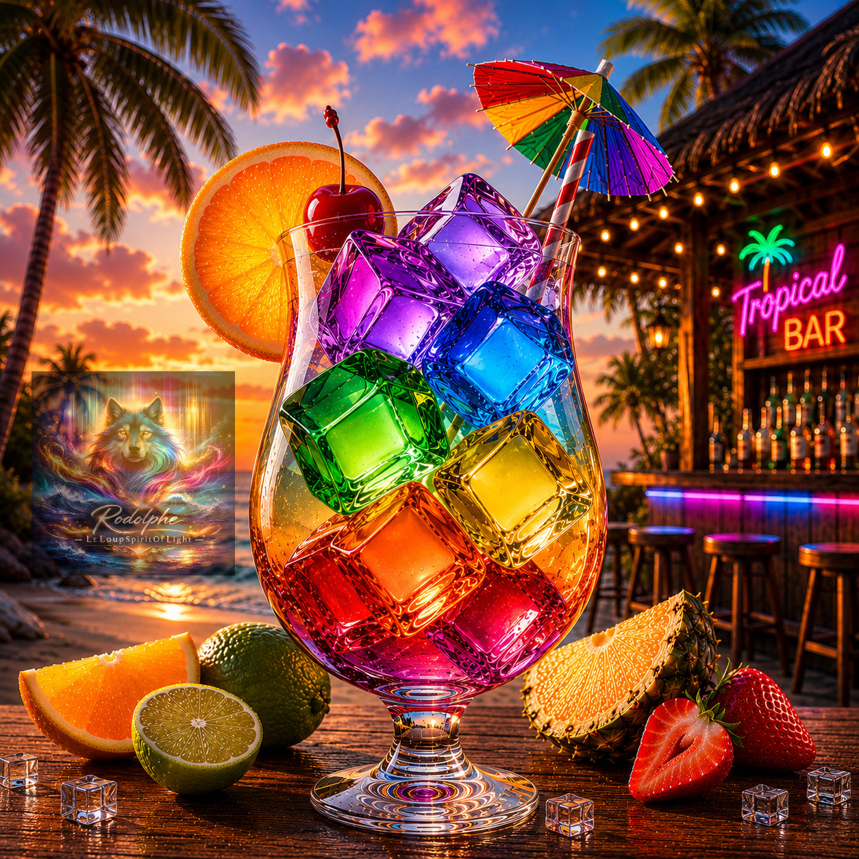 Cocktail tropical sous le couché du soleil