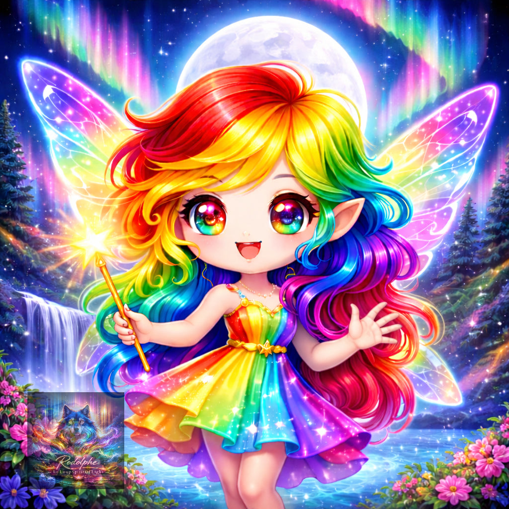 Fée Chibi aux cheveux arc en ciel