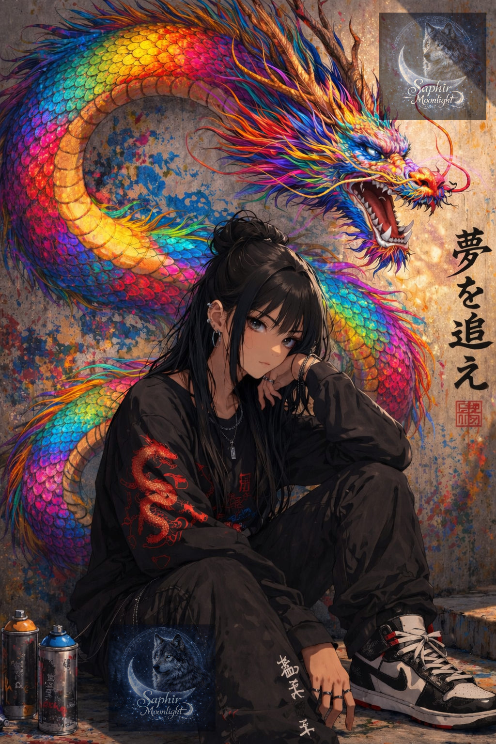 Fille manga au dragon mural.